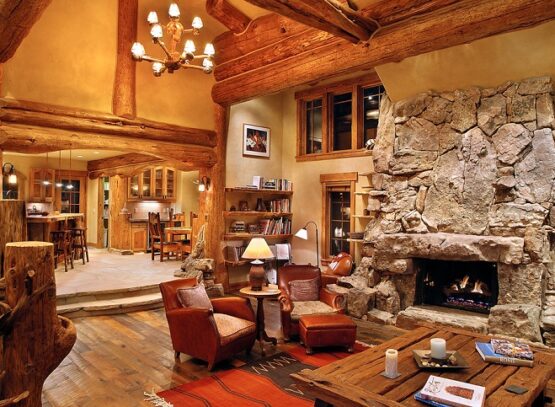 log-cabin-decorating-ideas-stone-fireplace-wood-coffee-table-area-rug