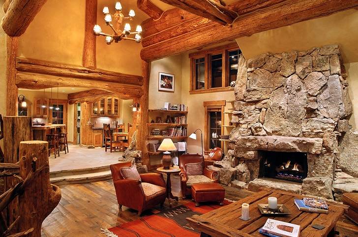 log-cabin-decor- ideas-stone fireplace wood coffee table