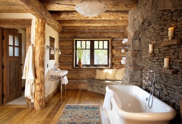 log-cabin-furniture-ideas-rustic bathroom stone wall bathtub 