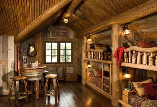 log-cabin-furniture-ideas-rustic-kids-bedroom-bunk-beds-stools