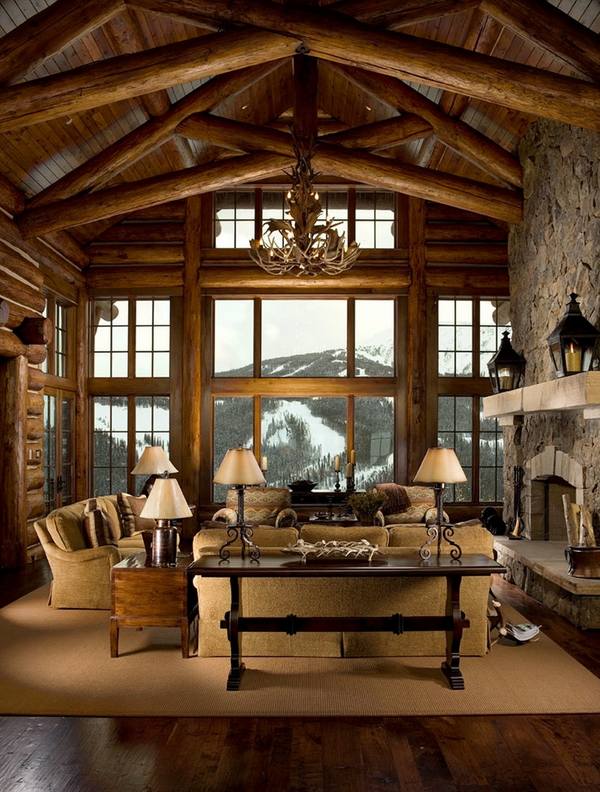 log-cabin-furniture-ideas-stone fireplace upholstered sofa set