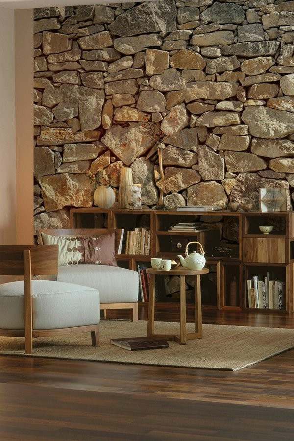 interior stone wall living room