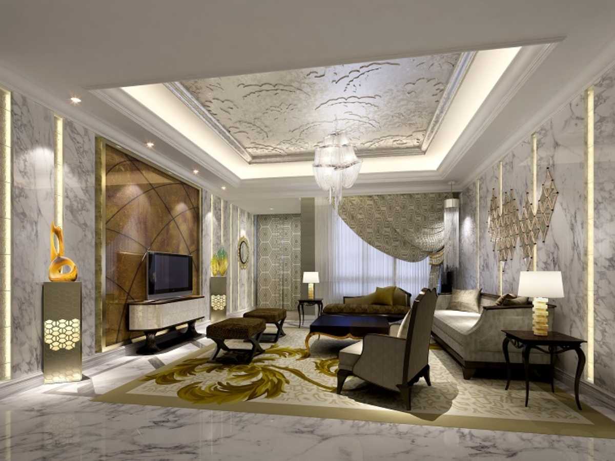 Luxury Grey Wall Triangular Ceiling Living Room Ideas