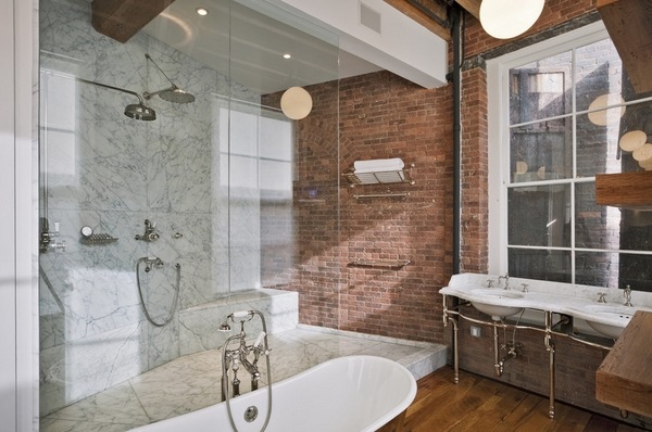 industrial bathroom modern shower enclosure brick wall double sink