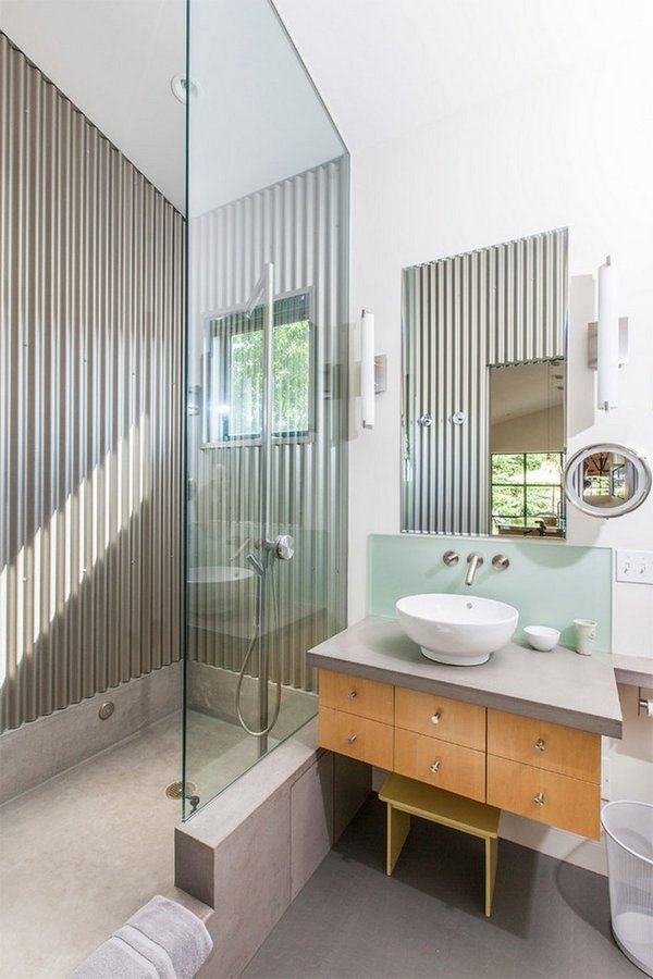 modern bathroom corrugated metal wall glass panel 