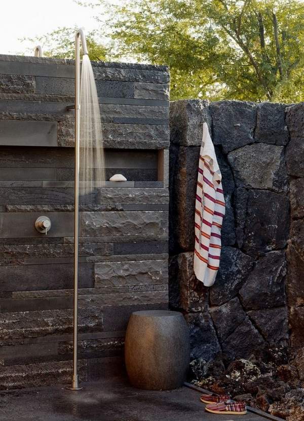 modern outdoor shower enclosure ideas stone wall original decor