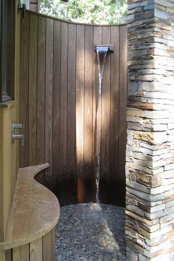 outdoor shower enclosures patio design ideas stone wall wood screen 