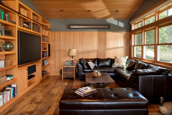 pallet flooring living room design black leather furniture 