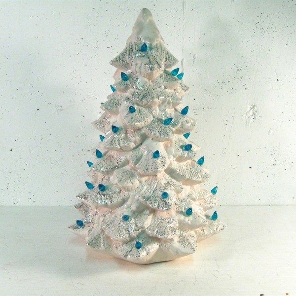 vintage christmas tree with lights blue bulbs 