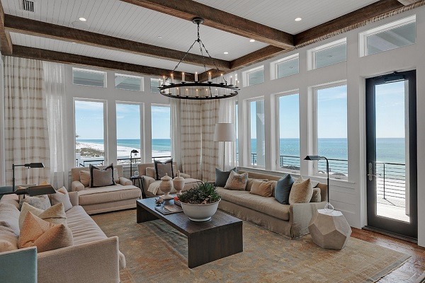 beach style living room decor ideas wood beams 