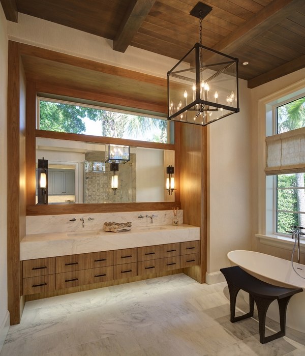 contemporary bathroom wood ceiling exposed beams 