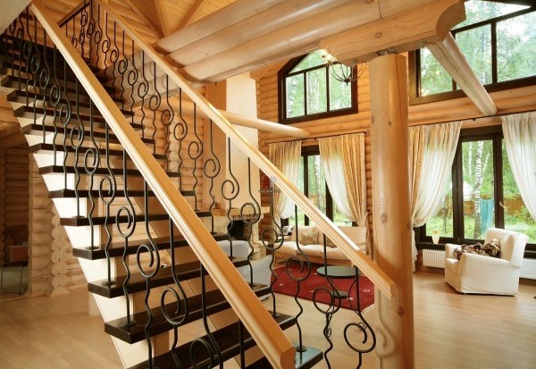  wooden handrail log house interior design