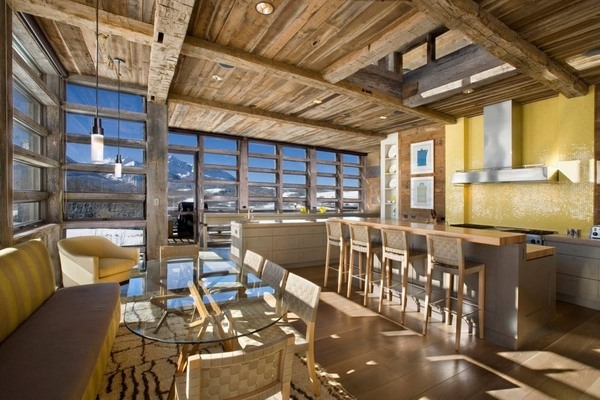 modern interior design open plan kitchen wood ceiling