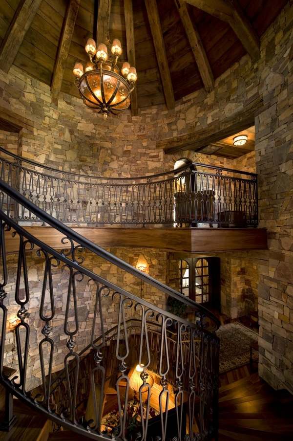 rustic wrought metal railing ideas stone walls