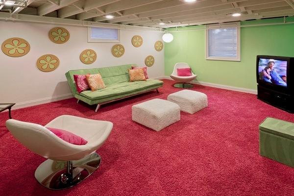 basement ceiling ideas exposed ceiling carpet flooring midcentury basement