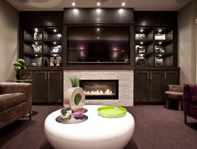 basement design ideas fireplace built in storage cabinets