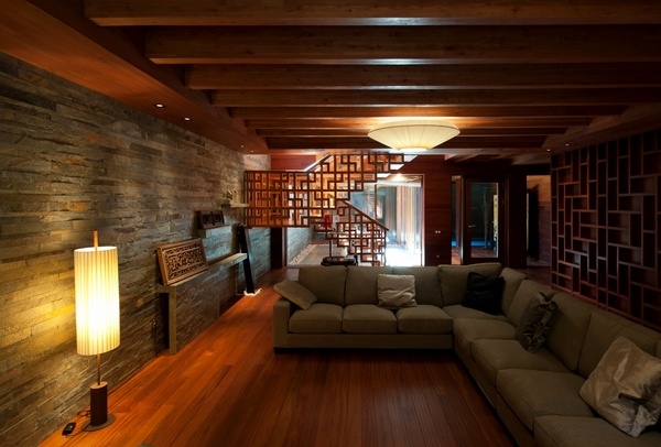 low exposed ceiling beams wood flooring