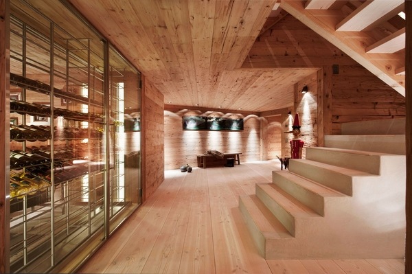 modern basement ideas wood ceiling wine storage 