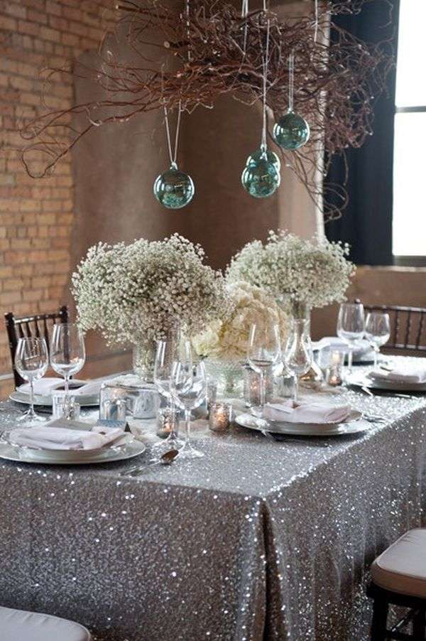silver new years party decoration table decor flowers