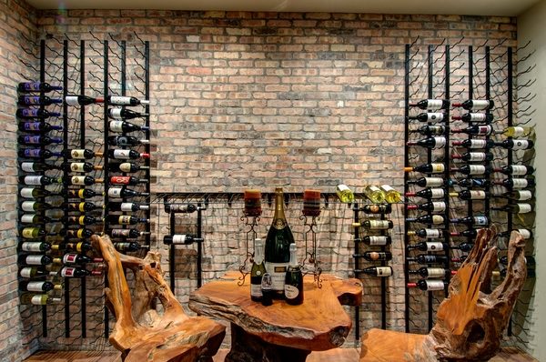 wine cellar furniture ideas table chairs brick wall