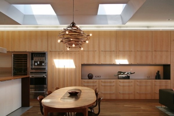LED chandeliers skylights contemporary kitchen