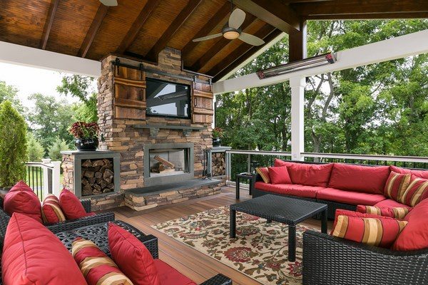 screened porch decking ideas stone fireplace 