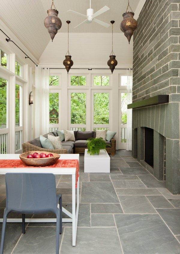 porch-flooring-ideas-slate tile fireplace outdoor furniture
