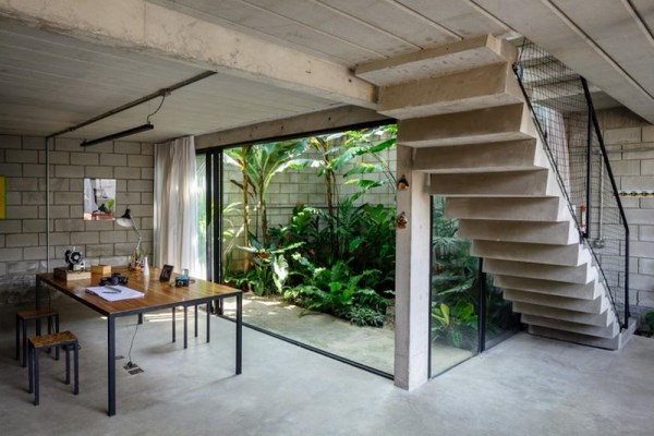 small indoor garden concrete stairs glass panels contemporary home
