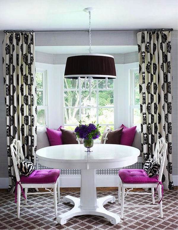 bay-window-curtains-black white interior purple accents 
