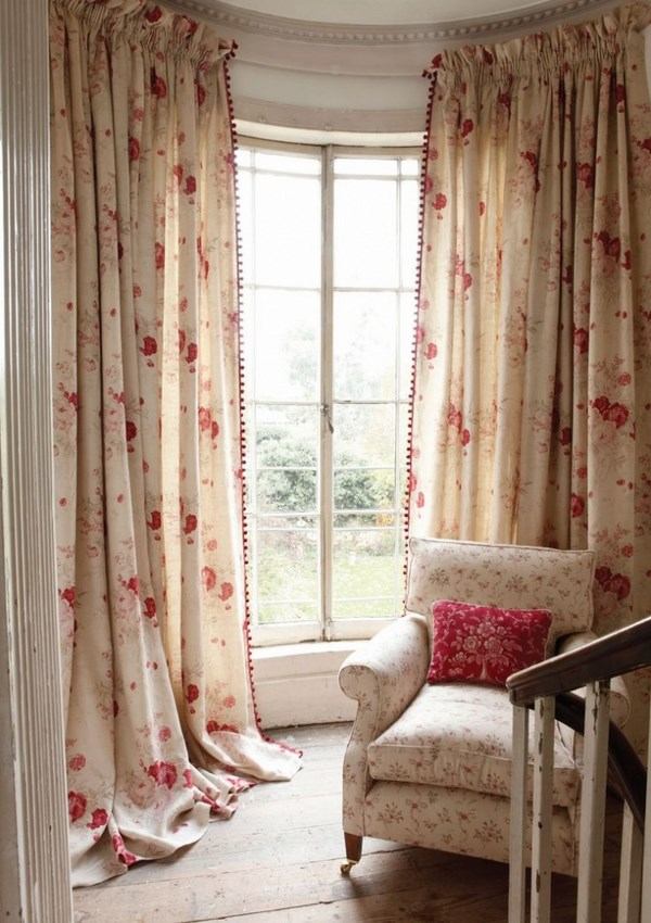bay-window-curtains-floral pattern armchair living room
