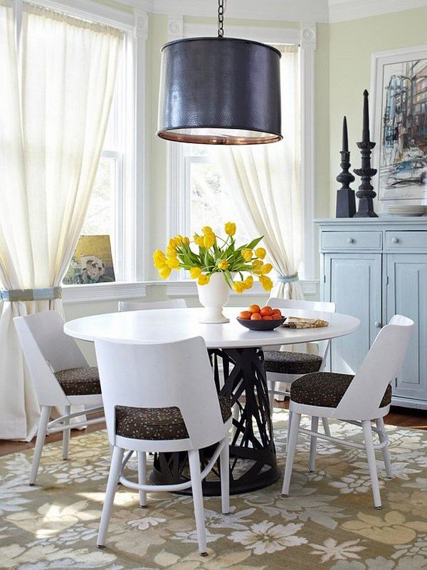 bay-window-curtains-kitchen ideas round table pendant chandelier