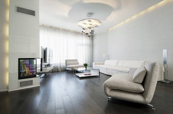 dark grey hardwood floors living room design white sofa modern lighting