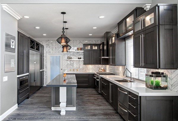 grey wood floor kitchen design