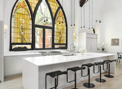 unique-stained-glass-windows-contemporary-kitchen-white-kitchen-black-bar-stools