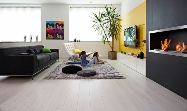 modern living room design fireplace sofa shaggy rug