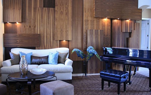 wooden wall modern living room grand piano