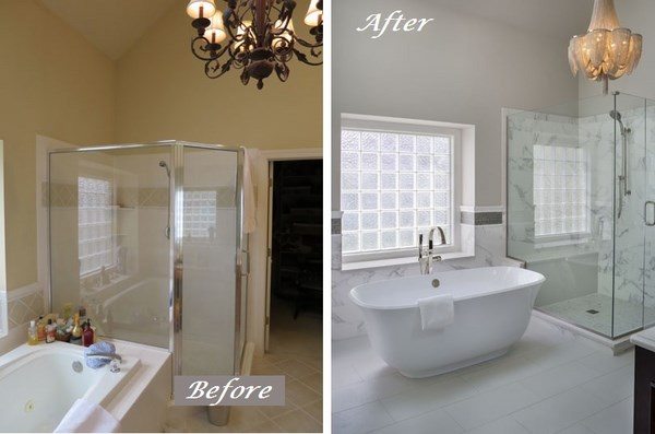Before and after bathroom makeover walk in shower bathtub