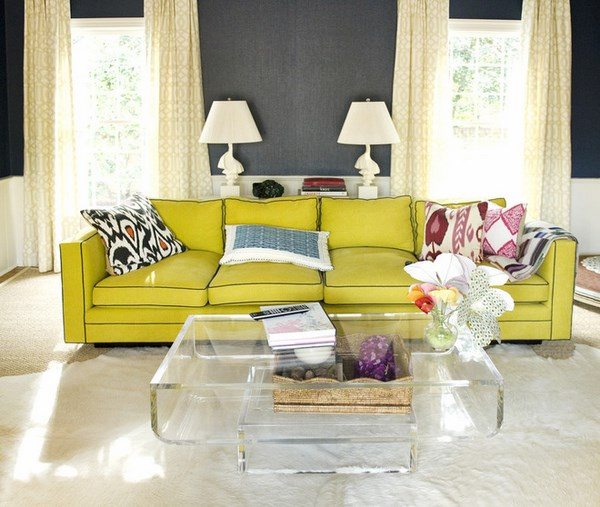 Chartreuse color couch in living room