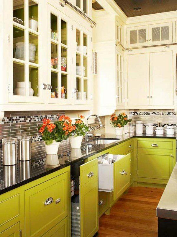 Chartreuse kitchen cabinets and black granite countertop wood flooring