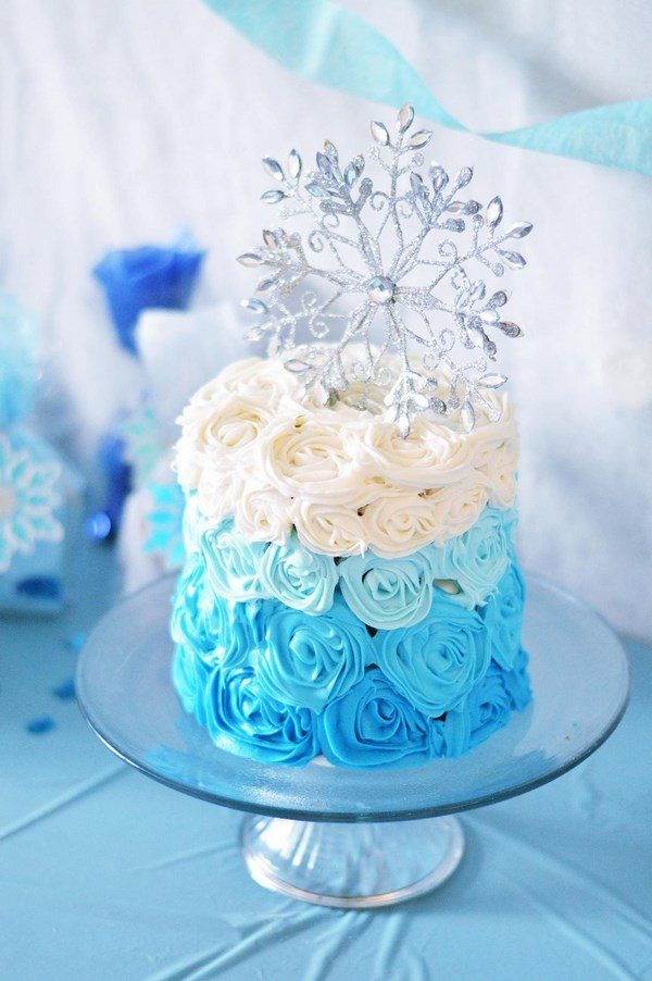 DIY Frozen cake blue white ombre birthday party themes