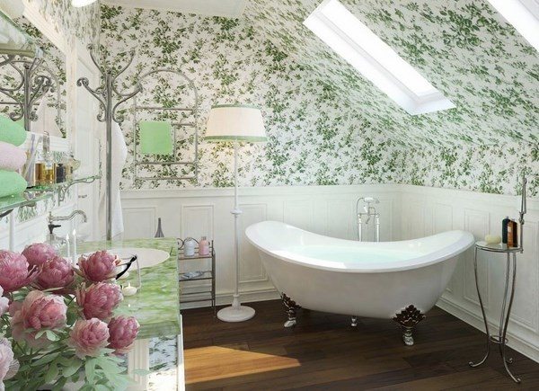 Provence bathroom decor claw foot tub wood flooring skylights