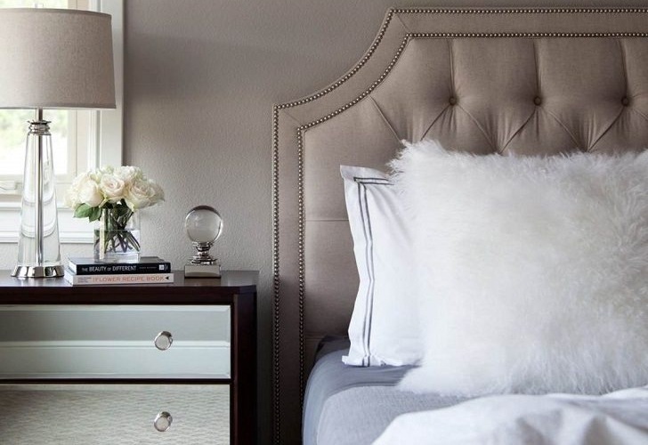 Taupe-bedroom-wall-color-and-tufted-bed-headboard