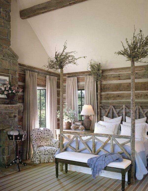 bedroom decorating ideas stone fireplace poster bed