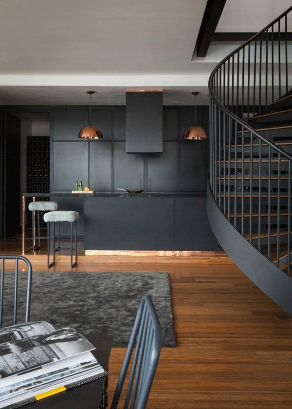 black cabinets kitchen ideas copper pendant lamps