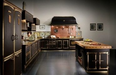 black-kitchen-copper-backsplash-island-countertop