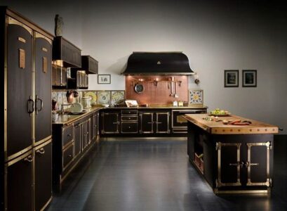 black-kitchen-copper-backsplash-island-countertop