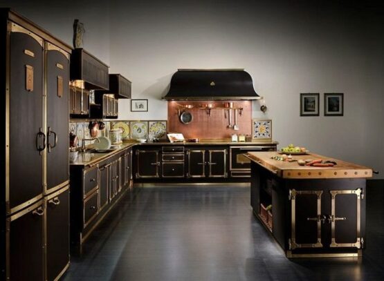 black-kitchen-copper-backsplash-island-countertop