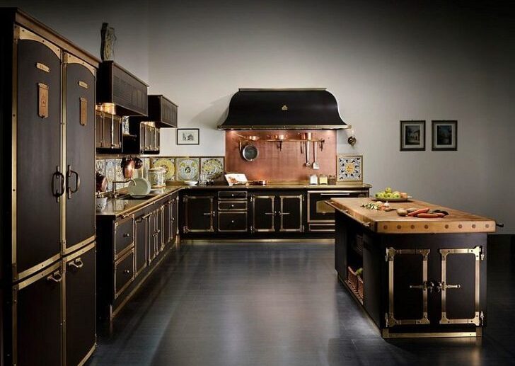 black-kitchen-copper-backsplash-island-countertop