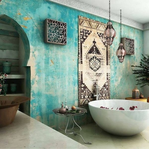 boho chic bathroom ideas round bathtub wall decoration