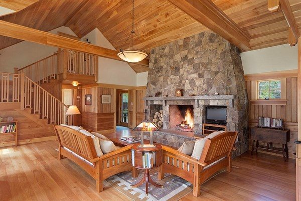 rustic cabin style living room cozy fireplace